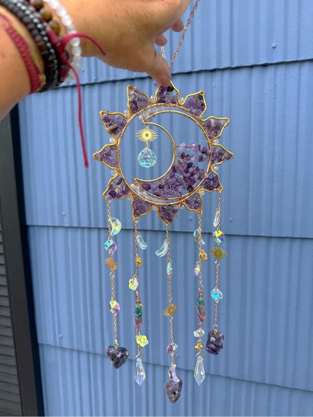 Amethyst Sun & Moon Hanging Suncatcher - Purple Crystal Home Art